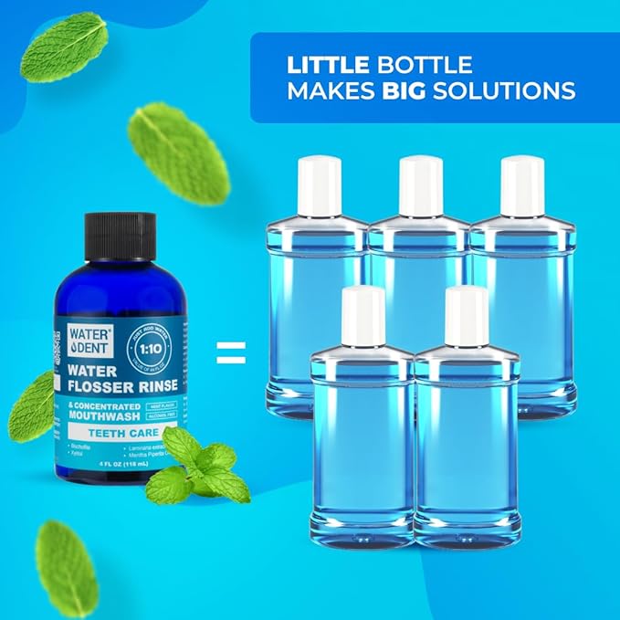 WATER DENT | Water Flosser Rinse, IRRIGANT, Concentrate Mouthwash | When dilluted1:10 = 44 fl.oz, Travel Size, Add to Oral irrigator, Mint Flavor, Alcohol & Fluoride Free. Made in USA | 4 fl.oz