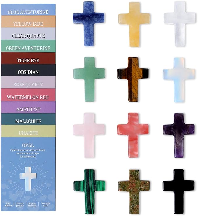 DUQGUHO 1 Inch Pocket Cross Crystals Pocket Hug Token Cross Shaped Gemstones Small Palm Crosses Stones Bulk 12PCS