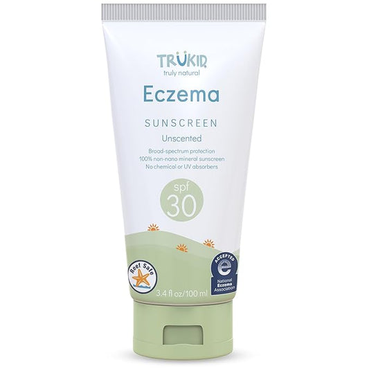 TruKid Eczema Mineral Sunscreen SPF 30 - All Natural Kids & Baby Sunscreen for Face & Body, Non-Toxic Zinc Oxide Sunblock Protection for Sensitive Skin, Unscented, FSA Eligible, Travel Size 3.4oz
