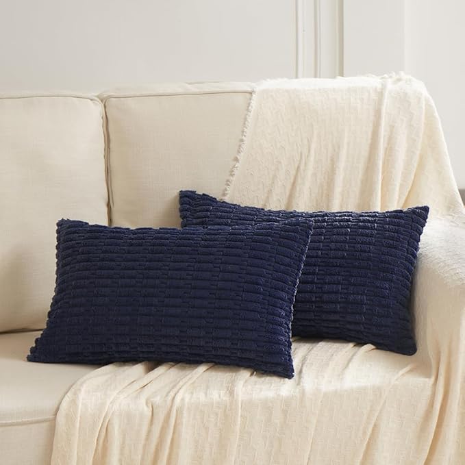 Fancy Homi Decorative Throw Pillow Covers for Bed Couch Bedroom Bench, Soft Lumbar Corduroy Solid Pillow Case, Rustic Farmhouse Boho Room Décor, 20" x 12" (Pack of 1), Navy Blue