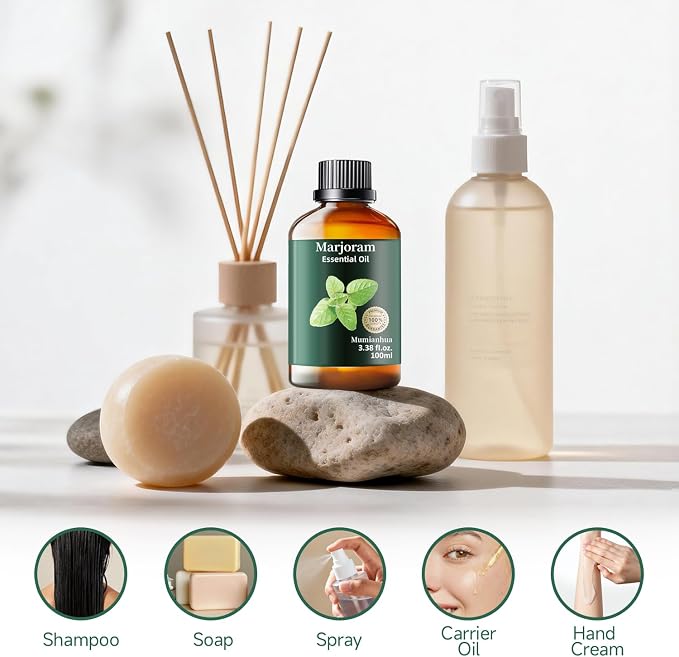 Marjoram Essential Oil, Herbaceous Scent, Diffuser & Outdoor, 3.38 Fl Oz | Mumianhua Marjoram Oil, Steam-Distilled. Spicy, Earthy Aroma. For Massage, Skin, Outdoor Spray & Diffusion