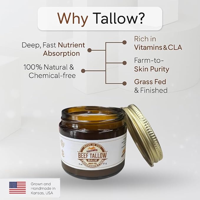 Grass Fed Beef Tallow Balm - 8 oz - Made in USA - Organic Grass Fed and Finished - Moisturizing Skin Care Frankincense