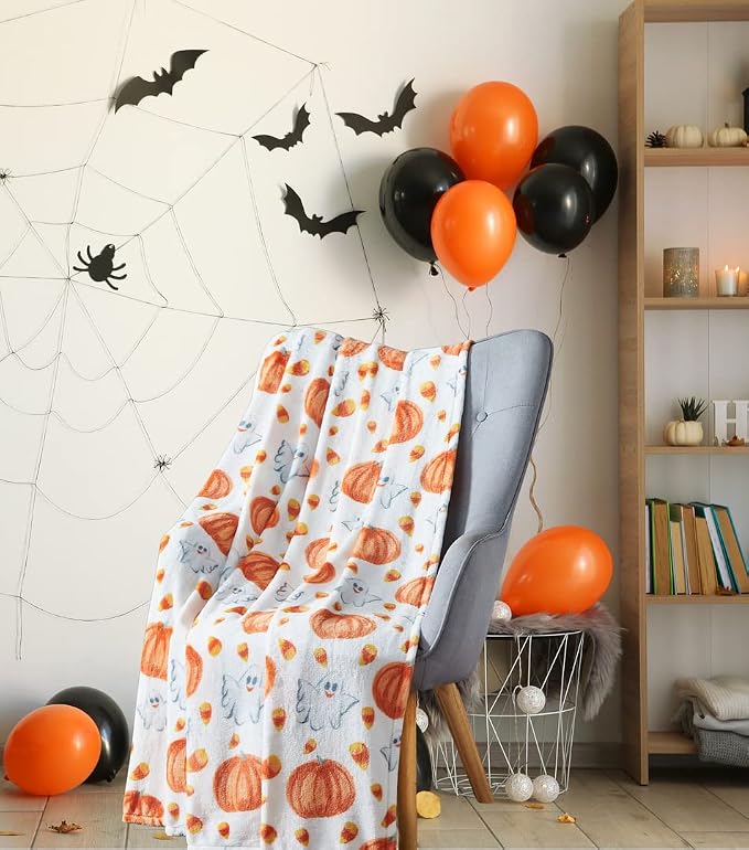 Halloween Ghost Fleece Throw Blanket, Cute Ghosts & Pumpkins, 50x70 XL size | Ultra-soft cozy flannel fleece, for sofa bed couch chair & dorms, spooky Halloween décor, durable and machine washable.