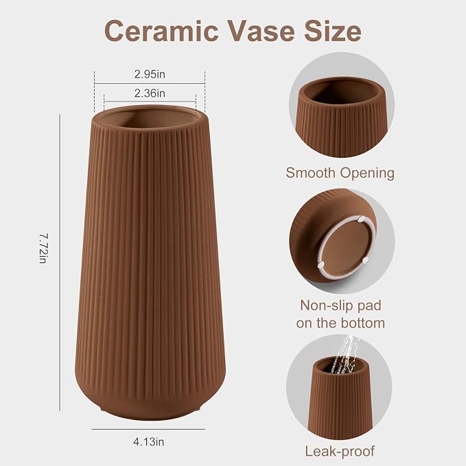 Caramel Ceramic Vase, GUKJOB Small Cute Flower Vase for Pampas Grass, Home, Living Room, Dining Table, Farmhouse, Office Decor, Bedroom, Table, and Kitchen Shelf (Caramel)