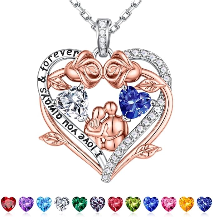 Iefil Valentines Gifts for Her Wife - 925 Sterling Silver Double Heart Birthstone Necklace, Anniversary Birthday Gifts for Women Wife Girlfriend