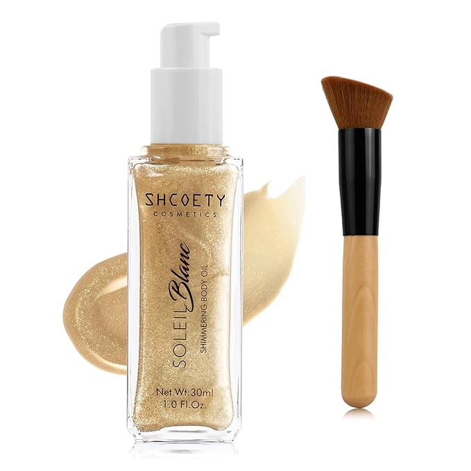 Shimmer Body Oil with Vitamin E, Body Glow Oil for Women, Long Lasting Waterproof & Moisturize for All Skin, Liquid Highlighter Makeup with Brush, Travel Size for Date, Wedding, Party, Light Gold