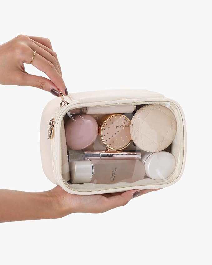 Pocmimut Makeup Bag,Small Makeup Bag TSA Approved Clear Toiletry Bag,Makeup Case Pouches Car Accessories Storage for Women,Travel Essentials Organizers,Beige