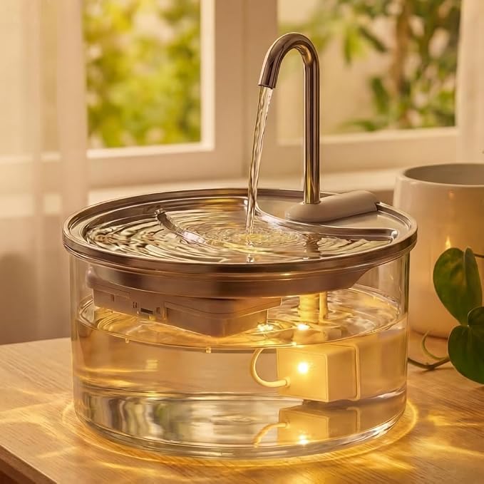 Tomxcute Glass Cat Water Fountain-84oz Dishwasher Safe Cat & Dog Fountain | Borosilicate Glass Bowl,Easy to Clean,Prevents Feline Acne,Ultra Quiet Pump,Warm Light,Gifts for Cats, Dogs