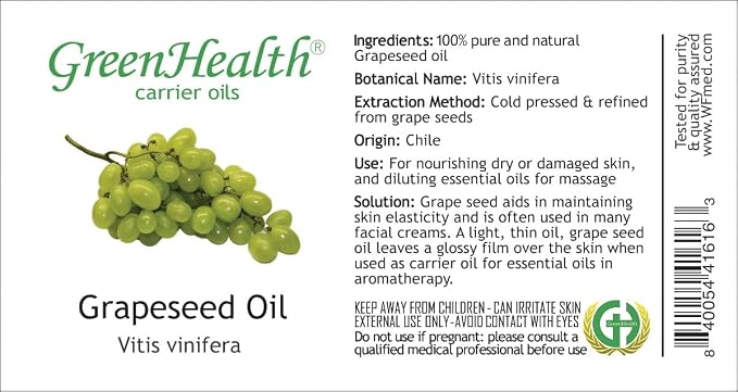 Grapeseed Carrier Oil – 32 fl oz (946 ml) – 100% Pure and Natural Carrier Oil - Cold Pressed - GreenHealth
