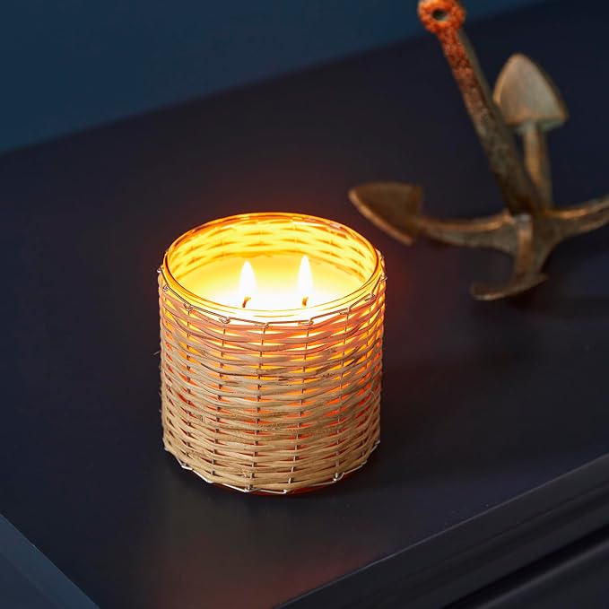 Lake Side Scented Candle – Luxury 12oz Soy Wax, 2-Wick Handwoven Glass Jar, Sparkling with Amber, Aquatic accords, Citrus and Coconut– Santal Candle, 75+ Hour Clean Burn, USA Made