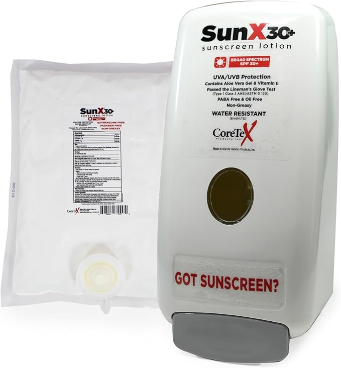 CoreTex Sun X 30+ 750mL Sunscreen Lotion Bladder & Wall Mount Dispenser - Paraben, Oxybenzone, Octinoxate, & Oil Free - Broad Spectrum (UVA/UVB) Sunscreen - Water Resistant Up to 80 Minutes