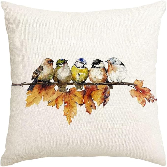 RABUSOFA Fall Pillow Covers 16x16 Inch Watercolor Bird Autumn Decorations for Home Outdoor Thanksgiving Decor Maple Leaf Decorative Throw Pillow Cases Farmhouse for Couch Sofa
