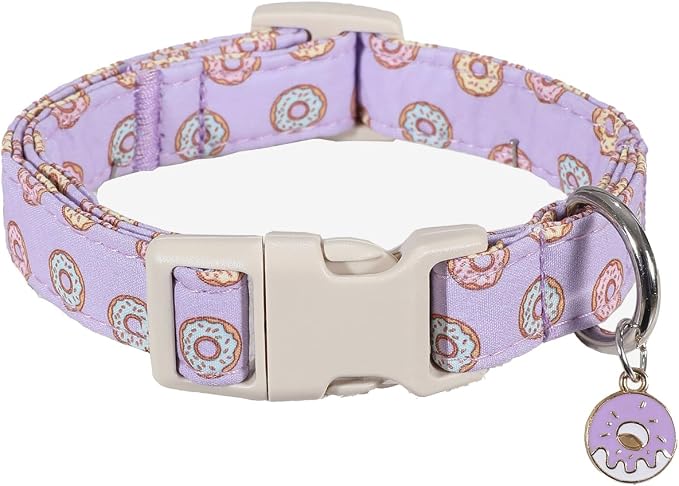 Girl Dog Collar with Unique Purple and Donut Print, Cute Dog Collar for Spring & Summer, Adjustable Pet Collar for Medium Dogs