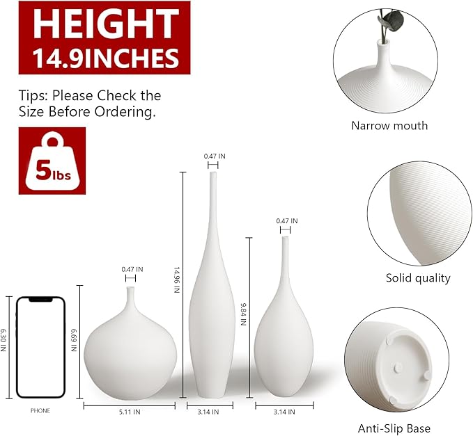 Relexome White Ceramic Vase Modern Boho Wabi-Sabi Flower Vase Set of 3 Decorative Aesthetic Vases for Centerpieces Pampas Matte Minimalist Vases for Living Room Table Shelf Home Decor Gift