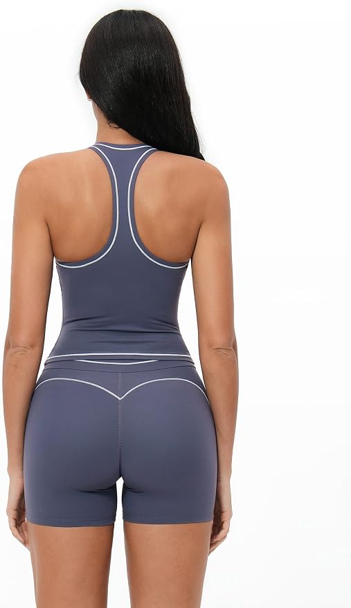 QBGJTD Two Piece Workout Sets for Women Color Block Racerback Tank Tops and High Waist Shorts Gym Yoga Outfits