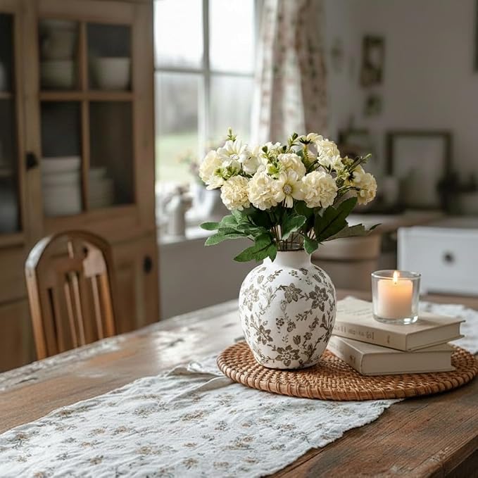 SIDUCAL Ceramic Vintage Vase, 5.83 Inch Retro Ice Cracked Chinoiserie Floral Vase, Rustic Farmhouse Vases for Home Decor, Bookshelf, Garden, Chinoiserie Decor, Tuscan Decor, Brown Floral Pattern