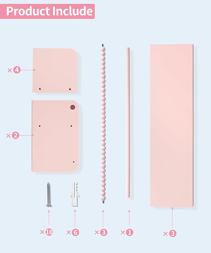 Maxpeuvon Nursery Book Shelves for Wall, Pink Floating Shelves Set of 3 | Natural Wood Nursery Shelves, with Towel Bar, Storage Shelf for Books, Toys and Decor, for Kids Room, Playroom, Bedroom