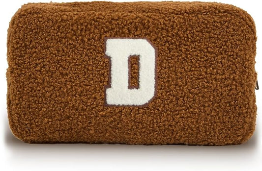Cute Makeup Bag, Initial Cosmetic Bag, Fuzzy Makeup Bags for Women, Brown Makeup Pouch with Chenille Letter, Monogrammed Gifts for Women, Brown D