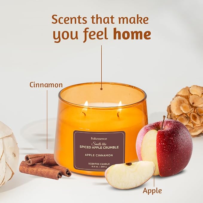 Folkulture Fall Candles | Apple Cinnamon Candles for Home Scented, Pottery Barn Fall Decor, Aromatherapy | Two Wick,Upto 50 Hr Burntime, Non Toxic, Soy Wax Candle for Outdoor Decor, Home Decor
