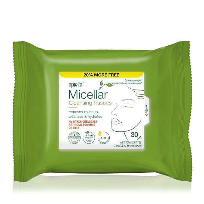 Epielle Micellar Makeup Remover Wipes, Gentle & Hydrating Daily Facial Cleanser Towelettes, Remove Waterproof Mascara, Hypoallergenic & Alcohol-Free, Stocking Stuffers, 30 Count (Pack of 4)