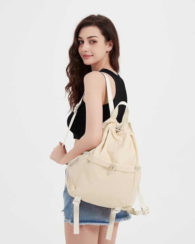 WANDF Drawstring Backpack for Women, Lightweight Gym Bag with Yoga Mat Strap, Water-Resistant String Backpack with Mesh Pocket (Beige, Patent Pending)