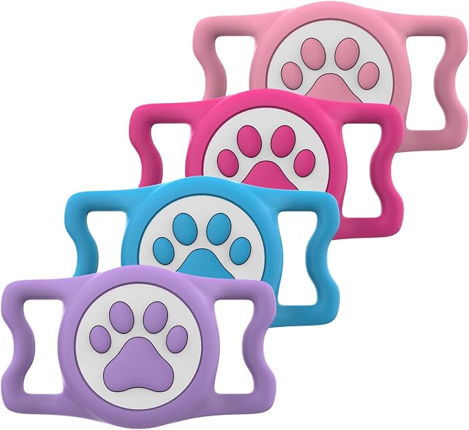 4 Pack IP68 Waterproof Compatible with Air Tag Dog Collar Holder, Silicone Dog Air tag Holder for Apple Air Tag (Purple&Pink&Blue&Rosered)