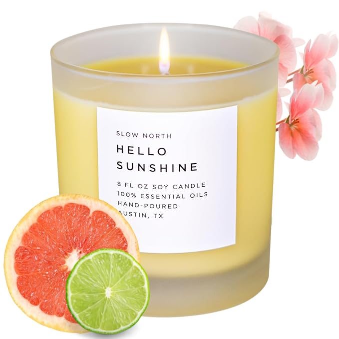 Slow North Hello Sunshine Candle - Essential Oils and Pure Soy Wax Candle in a Reusable Frosted Glass Jar - A Unique and Mindful Scented Candle Hand-Poured in the USA (8 oz)