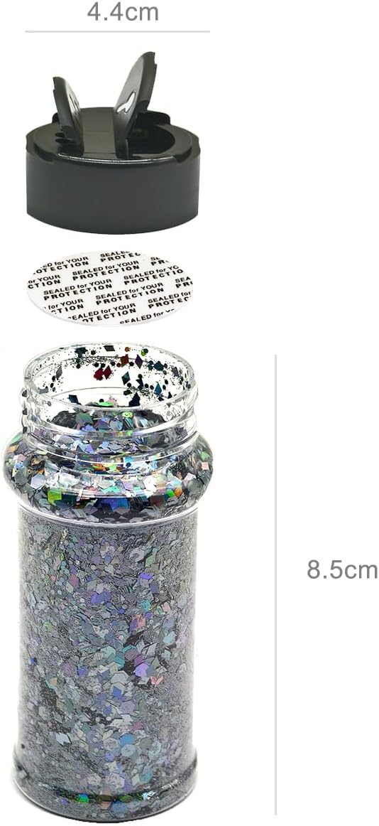 Dark Silver - Holographic Craft Glitter - 2oz Glitter Shaker Bright Colorful Mix Chunky Body Glitter Bulk - 24 Colors in Shaker, Cosmetic Grade Glitter - EBLB901