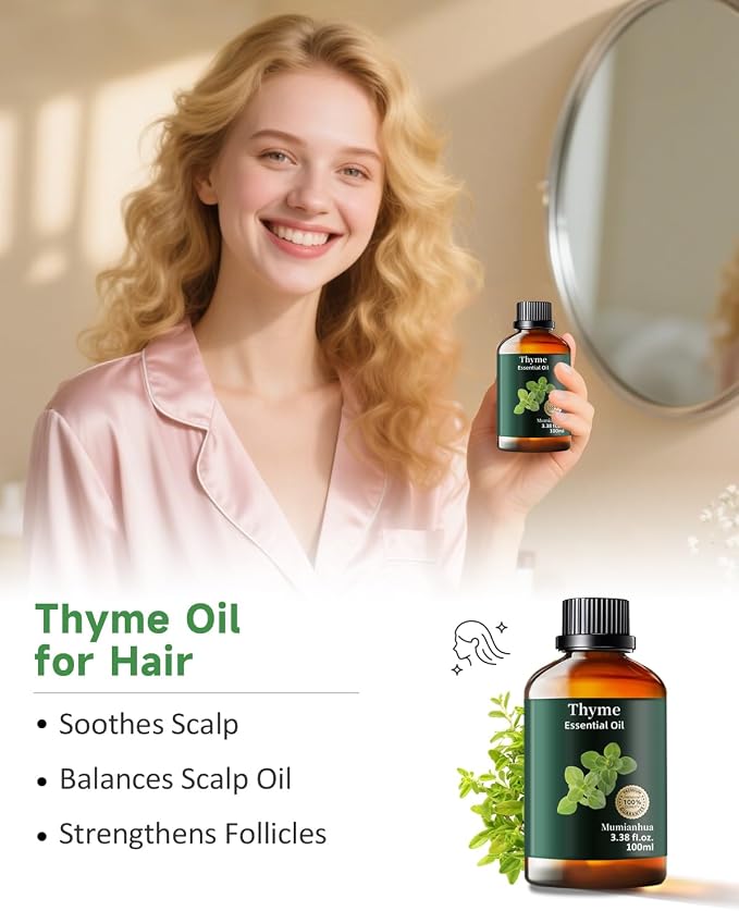 Thyme Essential Oil, Herbaceous Scent, Outdoor, Diffuser & DIY, 3.38 Fl Oz | Mumianhua Thyme Oil, Steam-Distilled. Warm, Herbal Aroma. For Outdoor Spray, Skin & Scalp Care, Home Freshening & DIY