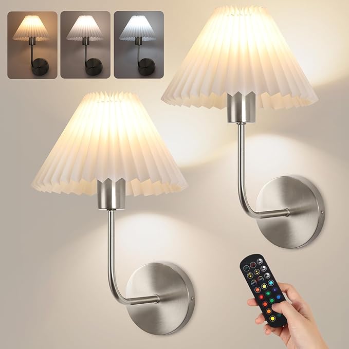 Wireless Wall Sconce Sets of 2, Pleated Shades Rechargeable Battery Operated Wall Sconce, Retro Industrial Brushed Nickel Bathroom Vanity Lights, Wall Mounted Lamps for Bedroom Living Room Hallway
