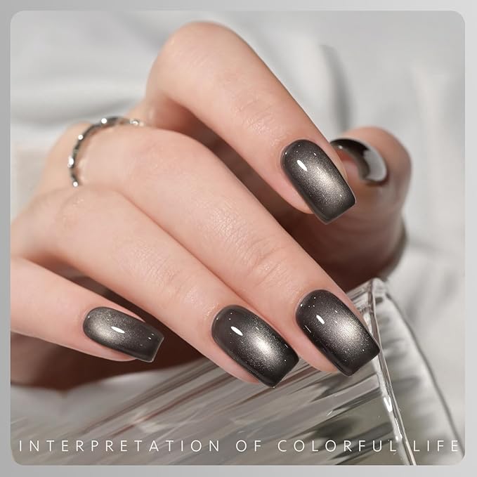 GAOY Jelly Black Cat Eye Gel Nail Polish, 16ml Glitter Holographic Nail Polish with Magnet, Reflective Translucent UV Gel, 2946 Black Pearls