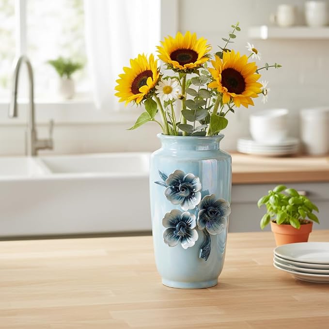 Blue Ceramic Vase 7 Inch - Small Decorative Vase with Floral Pattern, Ideal for Coastal & Modern Home Decor, Bathroom and Shelf Accent