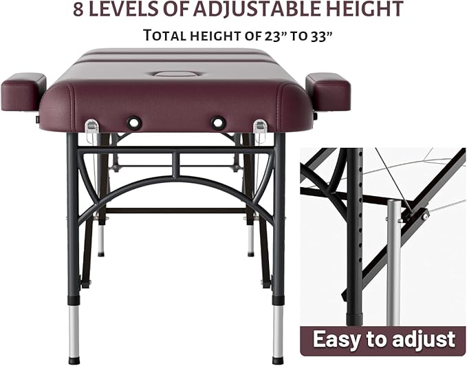 Professional Massage Table Portable 3 Fold Premium Memory Foam Aluminium Leg Hold Up to 1100LBS 8 Heights Adjustable with Carrying Bag Burgundy