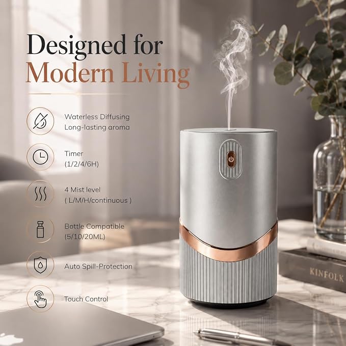 Waterless Essential Oil Diffuser, Mini Scent Air Machine Portable Diffuser for Home Car Office, Battery Operated Aromatherapy Diffuser with 10mL Hotel Scent Fragrance Oil, Timer & 4 Mist Levels, Grey