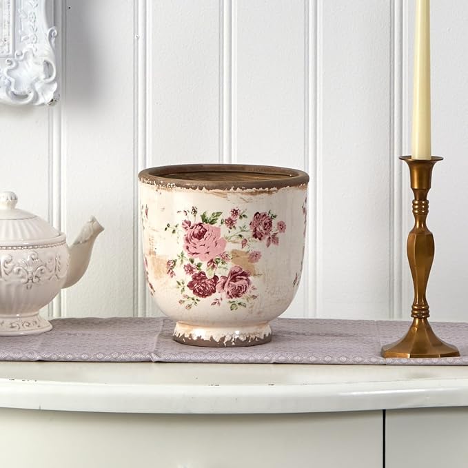 Nearly Natural 7.5 in Tuscan Ceramic Floral Print Planter for Decor | Vintage Floral Design, Quality Ceramic, 7.3 Qt. Container, Indoor Country Chic Decor