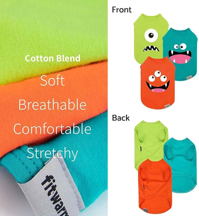 Fitwarm 3 Pack Monster Dog Shirt, Lightweight Funny Dog Tshirt, Summer Clothes for Small Dogs Boy Girl, Pet Outfit, Orange, Green, Teal, XS