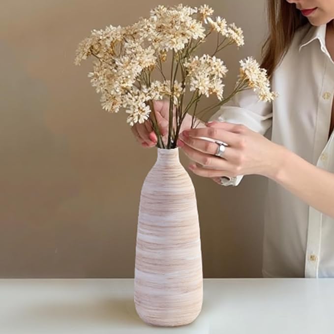 ALMA 18" Ceramic Tall Floor Vase, Boho Flower Vase for Neutral Home Decor | Cream & Brown Brushed Finish, Rustic Decorative Vase for Living Room, Entryway, Mantel, Bedroom, Seasonal Home Styling