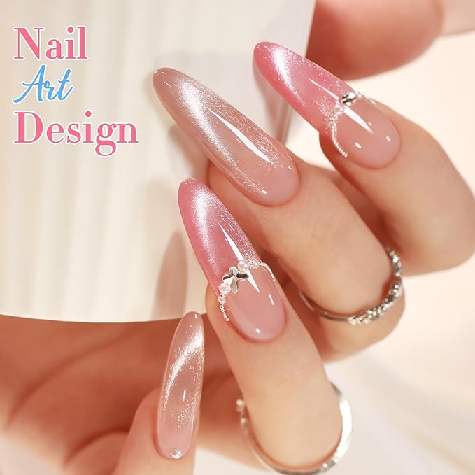 Double Rhythm Cat Eye Gel Nail Polish Set of 6 Same Color Same Bottle 0.5 Oz Shimmer Glitter with Magnet Holographic Reflective Magnetic UV Nail Polish Kit at Home (Silver Nude Pink-T6-42)