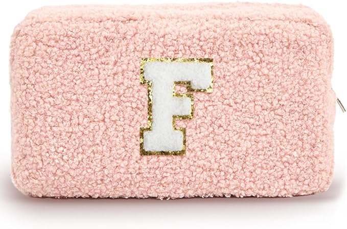 Cute Makeup Bag, Initial Cosmetic Bag, Fuzzy Makeup Bags for Women, Preppy Pink Makeup Pouch with Chenille Letter, Personalized Gifts for Women, Pink F