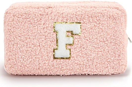 Cute Makeup Bag, Initial Cosmetic Bag, Fuzzy Makeup Bags for Women, Preppy Pink Makeup Pouch with Chenille Letter, Personalized Gifts for Women, Pink F
