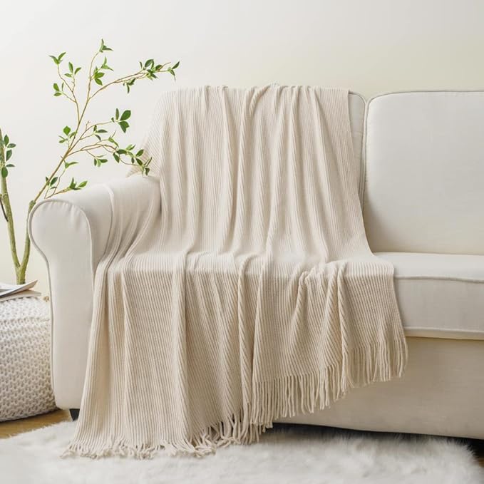 BATTILO HOME Beige Throw Blanket for Couch, 50"x60" | Soft Chenille Knit Blanket with Tassels for Home Decor, Neutral Beige Throws for Couch Cover