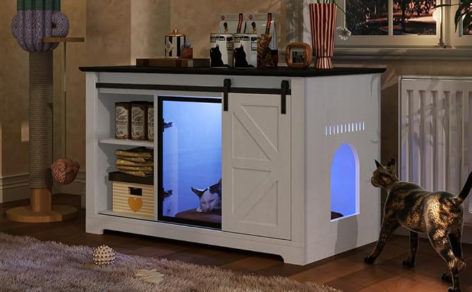 Cat Bed Cave Large Litter Box Enclosure with LED Light, Hidden Cat HOU,A2