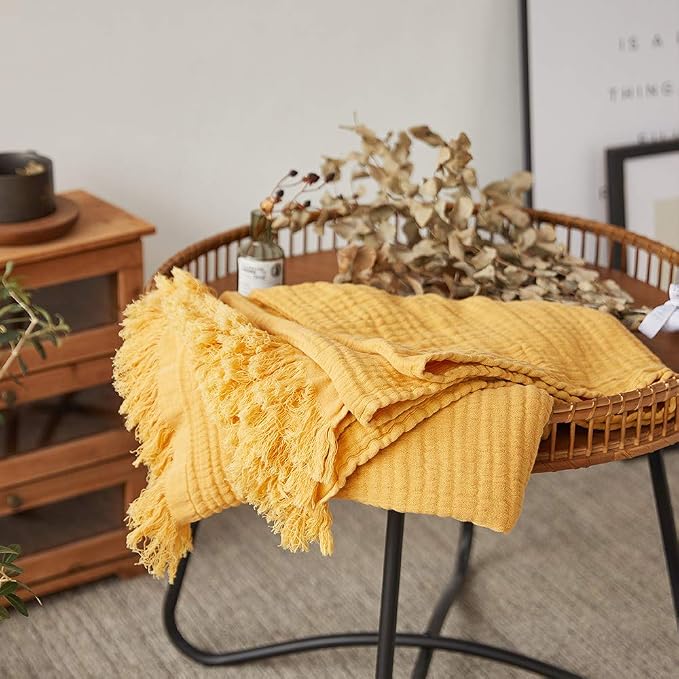 Simple&Opulence Cotton Muslin Throw Blanket for Bed, Couch, Knit Woven Gauze Blanket with Tassels, Soft Lightweight Cozy Pre-Washed Breathable Farmhouse Decoration for All-Season (Yellow)