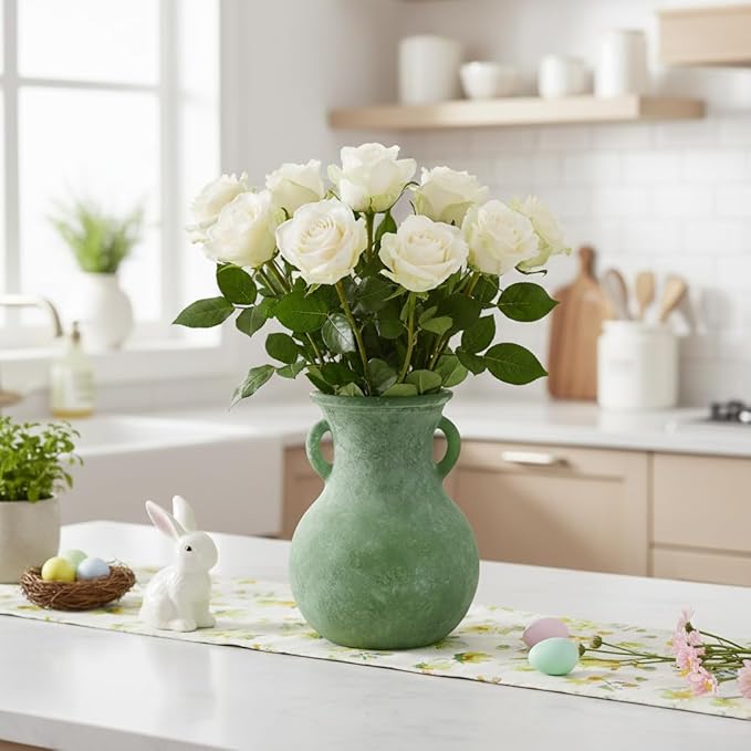 Green Glass Vase with Handles, 7.5 Inch Rustic pottery Style Flower Vase, Vintage Decorative Round Bud Jar for Dried Flowers, Earthy Aesthetic Centerpiece for Modern Farmhouse & Boho Spring Home Decor