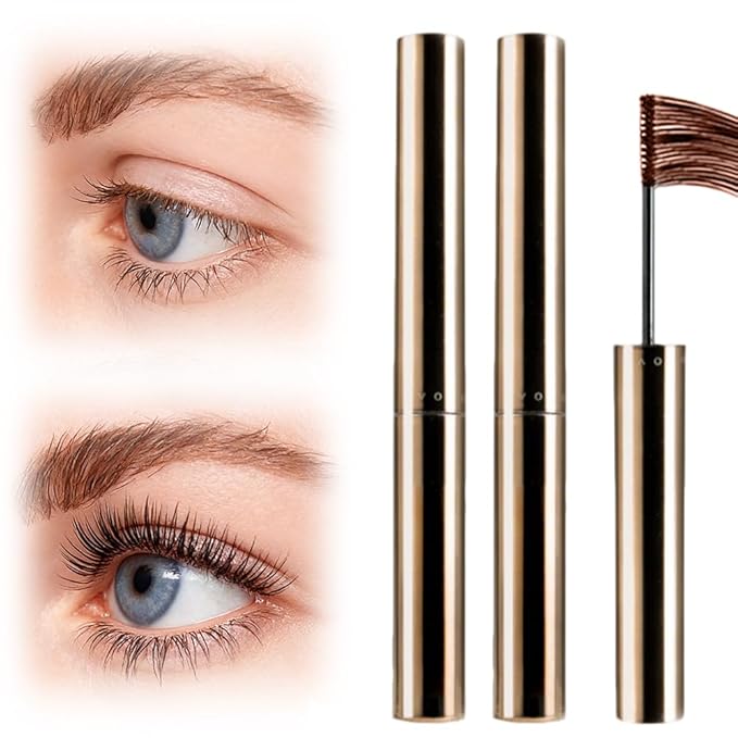 Ultra-Fine Lengthening Waterproof Quick-Dry Mascara, Waterproof Quick Drying Curling Mascara, Iron Wand Mascara, 3D Curling Eyelash Long, Lasting Smudge-Proof No Clumping (Brown+Brown)