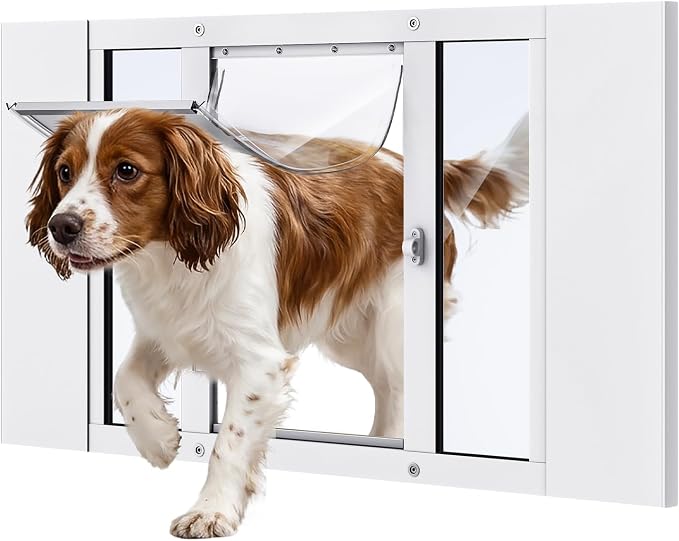 Dog Door for Window, Aluminum Frame Window Pet Door, Adjustable to Fit 27"-32" Width Sliding Windows, Magnetic Closure, Fits Dogs up to 100lb, Large
