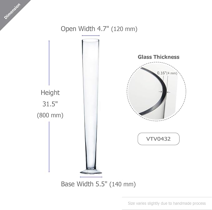 WGV Trumpet Glass Vase, Open 5", Height 31.5", (Multiple Sizes Choices) Clear Tall Pilsner Floral Planter Container Centerpiece, Wedding Event Home Decor, 1 Piece (VTV0432)