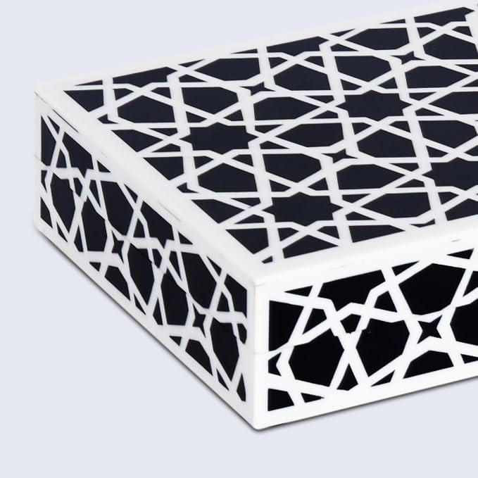 Handicrafts Home Large Decorative Storage Box with Lid, Black and White Moroccan Zellij Coffee Table Storage Box, Remote Control Holder, Keepsake Box for Living Room & Shelf Decor, Zellij 12 x 6 x 2