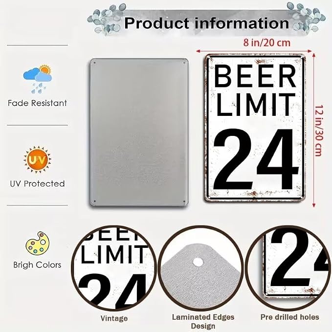 Crazysign Bar Accessories Vintage Beer Limit 24 Tin Sign for Home Bar Man Cave Garage Basement Decor 8X12 Inch (3396)