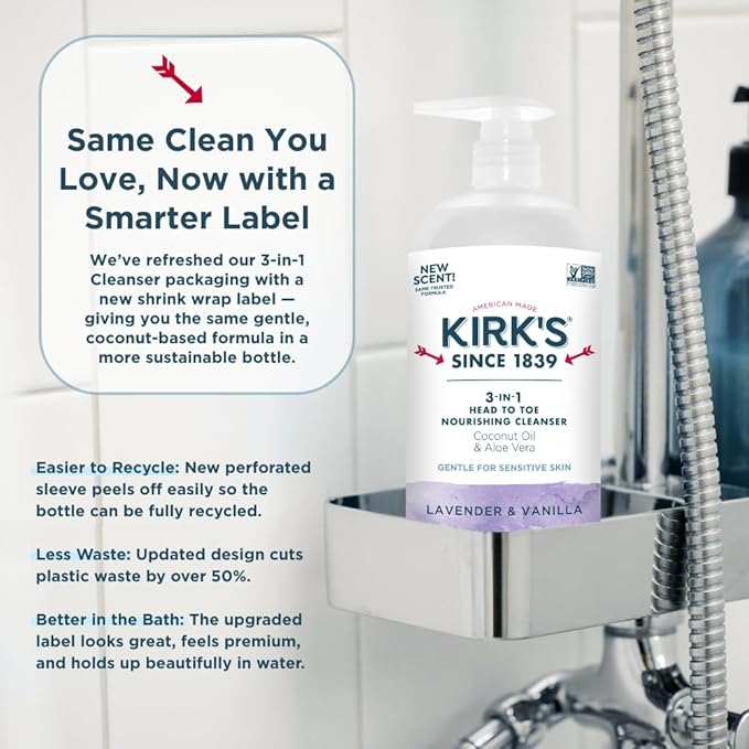 Kirk's 3-in-1 Head to Toe Nourishing Liquid Cleanser- for Men, Women & Children - Premium Coconut Oil & Aloe Vera- Non GMO & Vegan - Lavender and Vanilla - 32 Fl Oz. - 2 Pack